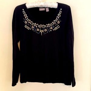 Chico’s Beaded Neckline Top Black size 1 Long Sleeve 100% cotton Lightweight